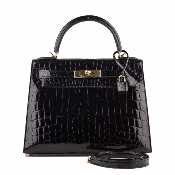 Hermes Black Shiny Niloticus Crocodile Sellier Kelly 28cm Gold Hardware