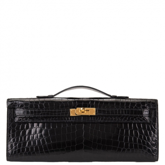 Hermes Black Shiny Niloticus Crocodile Kelly Cut