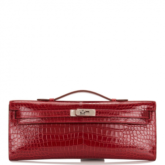 Hermes Rouge Vif Shiny Porosus Crocodile Kelly Cut