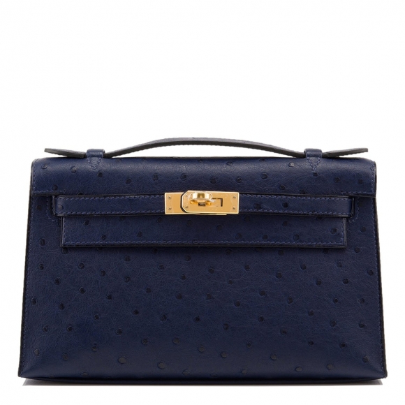 Hermes Blue Iris Ostrich Mini Kelly Pochette Gold Hardware