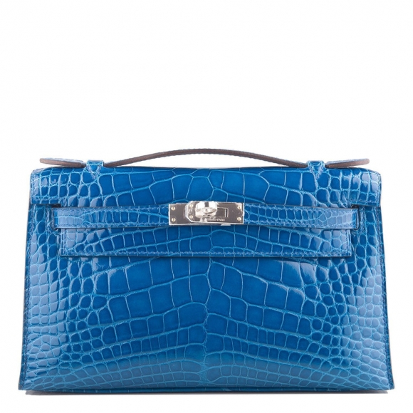 Hermes Mykonos Blue Shiny Alligator Mini Kelly Pochette