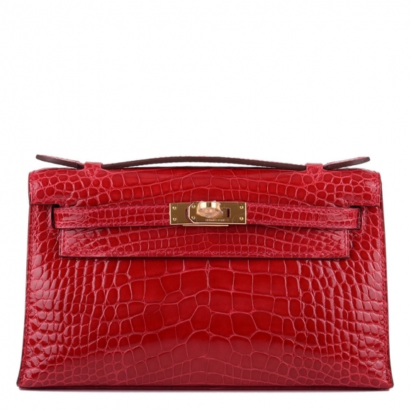 Hermes Braise Shiny Alligator Mini Kelly Pochette Gold Hardware