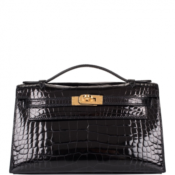 Hermes Black Shiny Alligator Mini Kelly Pochette Gold Hardware