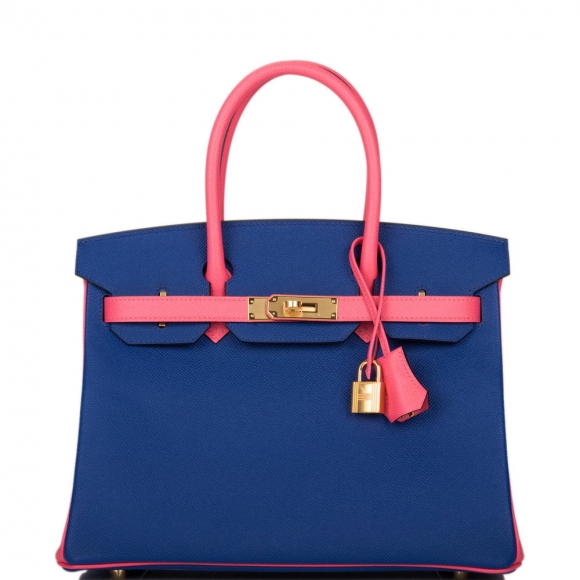 Hermes HSS Bi-Color Bleu Electric and Rose Azalee Epsom Birkin 30cm Gold Hardware