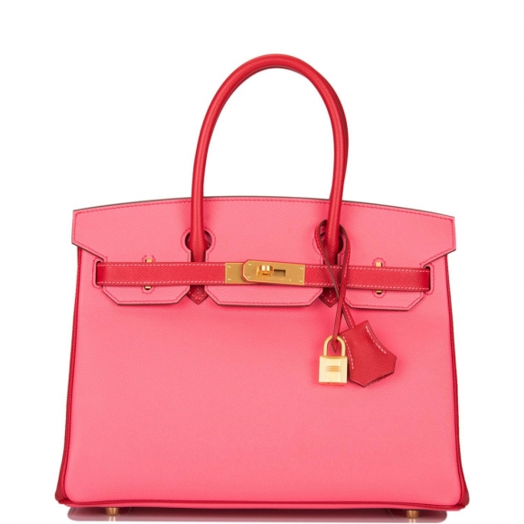 Hermes HSS Bi-Color Rose Azalee and Rouge Casaque Epsom Birkin 30cm Brushed Gold Hardware