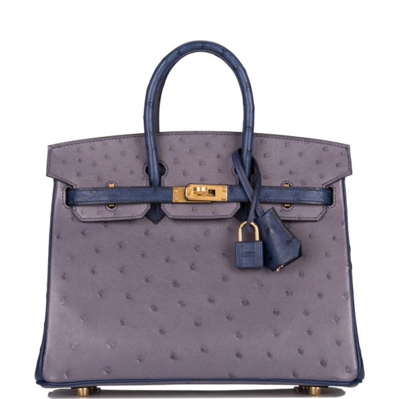 Hermes HSS Bi-color Gris Agate and Bleu Iris Ostrich Birkin 25cm Gold Hardware