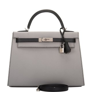 Hermes HSS Bi-Color Gris Mouette and Black Epsom Sellier Kelly 32cm Palladium Hardware